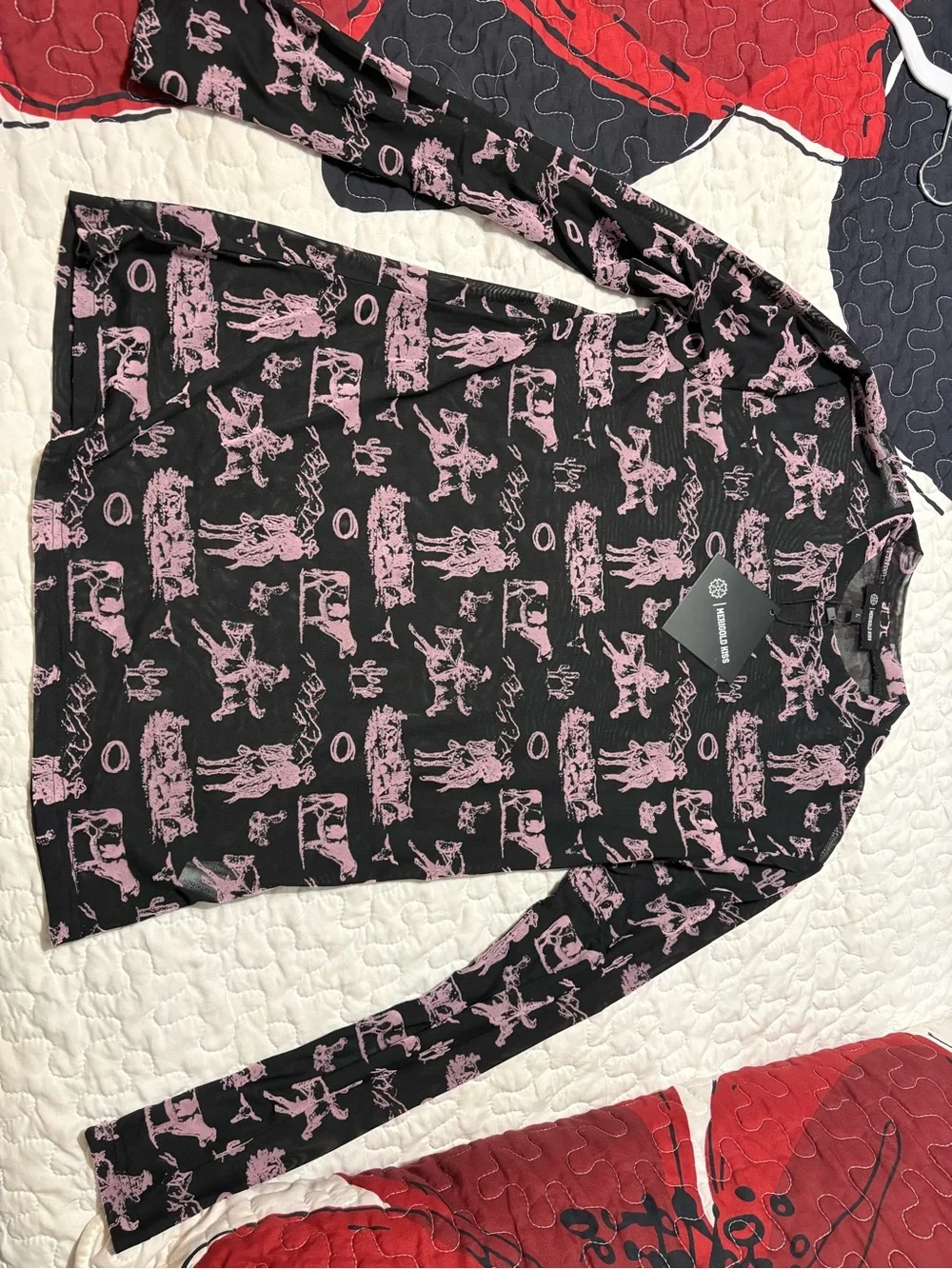 Women’s Black Sheer Long-Sleeve Top with Pink Cowboy Print